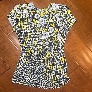 DKNY Short-Sleeve Mixed Print Top in Yellow, Black, Blue & White